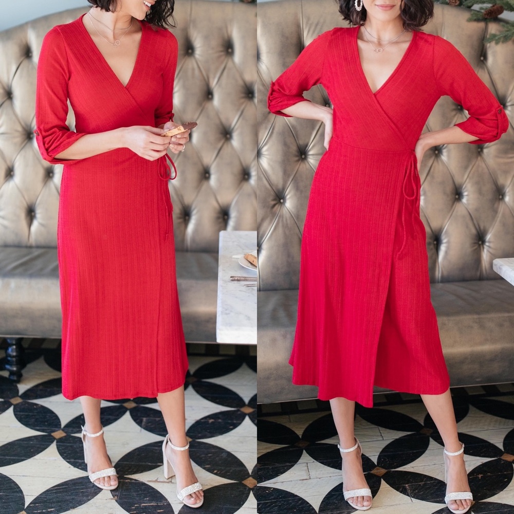 Black Ribbed Knit Midi Wrap Dress - Picture 16 of 16